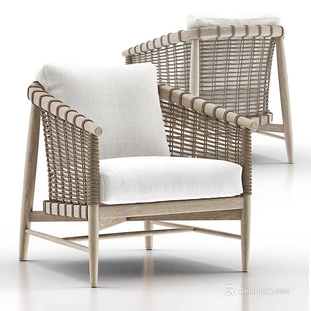 Comfortable Rattan Lounge Chair With Wooden Frame And White Fabric Cushion 3d model 