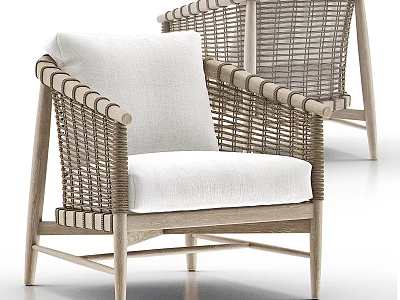 Comfortable Rattan Lounge Chair With Wooden Frame And White Fabric Cushion 3d model