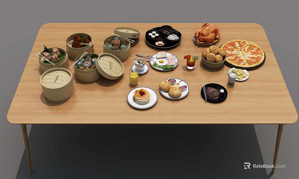 Variety of Delicious Food Dishes on Wooden Table Including Bamboo Steamers Pizza and Roast Chicken 3d model 