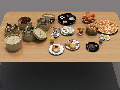 Variety of Delicious Food Dishes on Wooden Table Including Bamboo Steamers Pizza and Roast Chicken 3d model