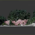 Pink Terrain Topographic Model With Green Trees And Sloped Hillside Features