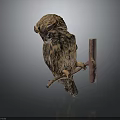 Textured Owl Sculpture Perched On Wooden Branch With Dark Background Reflection
