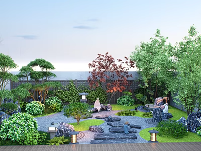 Courtyard Garden Design With Lush Green Plants Red Leaf Trees Stone Path And Landscape Lanterns 3d model