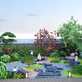 Courtyard Garden Design With Lush Green Plants Red Leaf Trees Stone Path And Landscape Lanterns