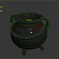 Metal Cauldron With Green Liquid Inside Two Handles And Three Legs