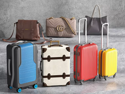 Luggage and Handbags Collection in Blue White Red Yellow with Rolling and Vintage Designs 3d model