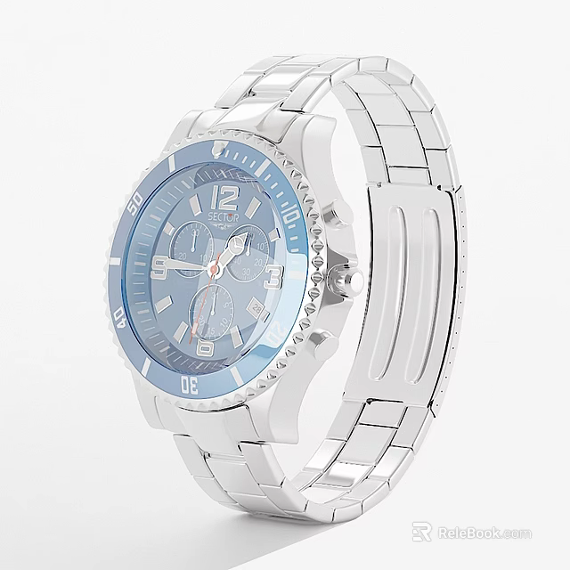 Stylish Silver Watch with Blue Dial and Numerical Hour Markers Design 3d model