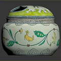 Sculpted Ceramic Jar With Colorful Duck Floral Leaf Patterns And Perforated Lid