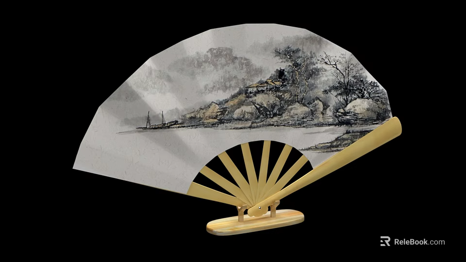 Traditional Chinese Folding Fan Hanging Decoration With Landscape Painting And Bamboo Frame 3d model 
