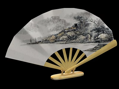 Traditional Chinese Folding Fan Hanging Decoration With Landscape Painting And Bamboo Frame 3d model