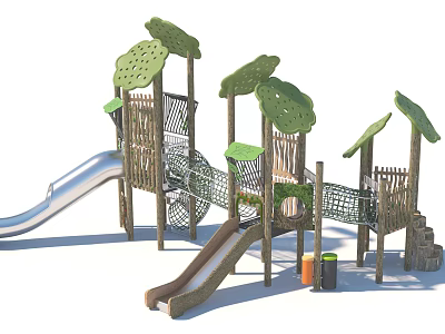 Wooden Playground Equipment With Slides Green Canopies And Net Structures 3d model