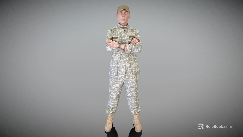 Military Soldier in Camouflage Uniform Standing with Crossed Arms Against Gray Background 3d model 