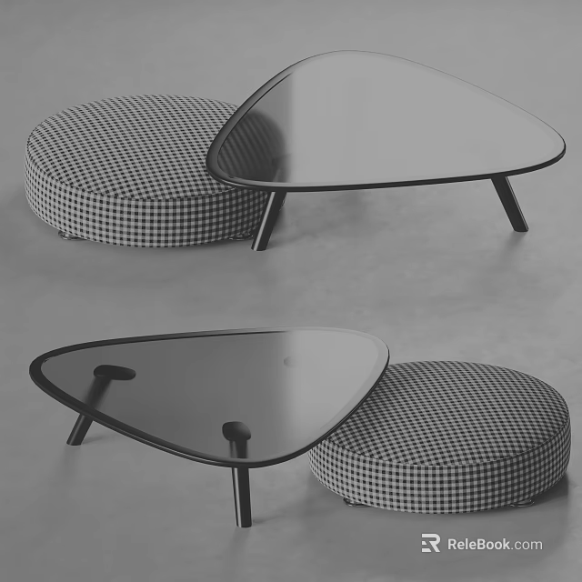 Modern Triangular Glass Coffee Table With Metal Legs And Round Checkered Cushions 3d model