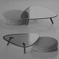 Modern Triangular Glass Coffee Table With Metal Legs And Round Checkered Cushions 3d model