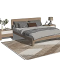 Wooden Double Bed with Matching Nightstands Table Lamps Pillows Bedspread and Potted Plants