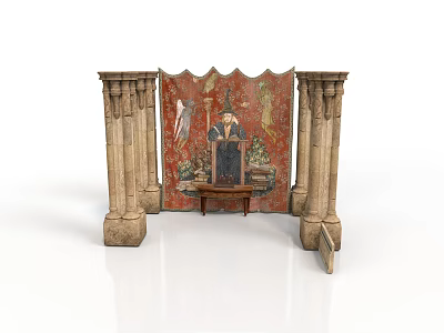 Classical Stone Columns Flanking Ornate Tapestry With Front Small Wooden Table Featuring Eagle And Figure 3d model