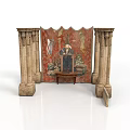Classical Stone Columns Flanking Ornate Tapestry With Front Small Wooden Table Featuring Eagle And Figure