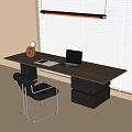 Modern Wooden Desk Interior With Laptop Lamp Notebook And Black Leather Chair By Window Blinds
