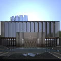 Modern Sales Center Building With Glass Facade Golden Metal Columns And Front Water Pool