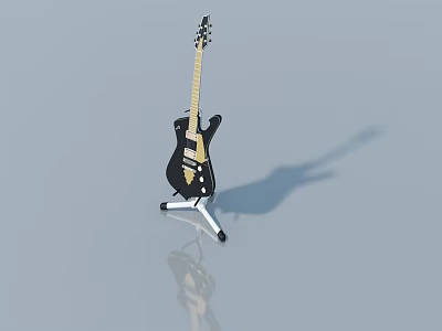 Black Electric Guitar On Stand With Light Blue Background And Reflection 3d model