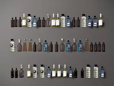 Various Colored and Shaped Wine Bottles and Glasses Arranged Neatly in Rows 3d model