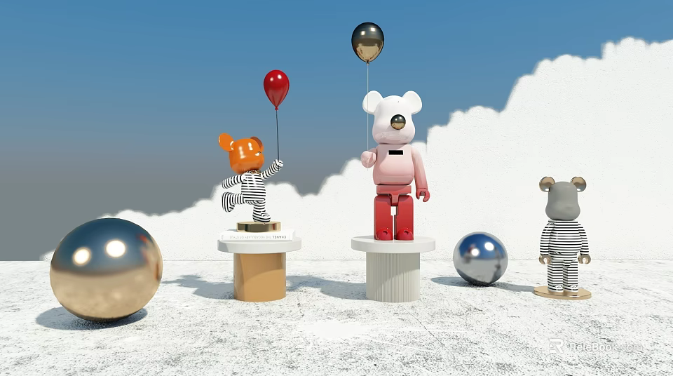 Modern Sofa And Coffee Table Set With Cartoon Characters Balloons And Metallic Spheres 3d model 