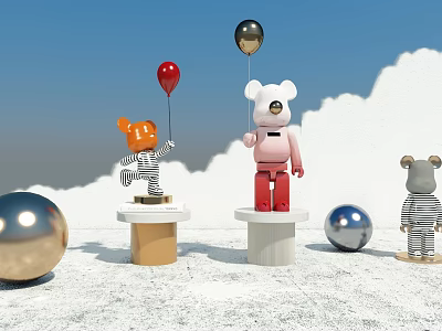 Modern Sofa And Coffee Table Set With Cartoon Characters Balloons And Metallic Spheres 3d model