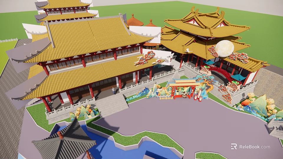 Traditional Chinese Garden Landscape with Golden Roofed Pavilions Pond And Moon View 3d model 