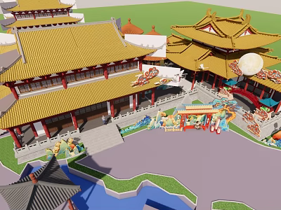 Traditional Chinese Garden Landscape with Golden Roofed Pavilions Pond And Moon View 3d model