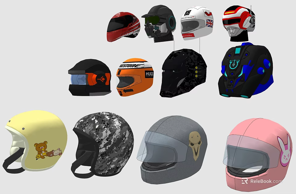 Collection Of Different Helmets Featuring Racing Cartoon Camo And Pink Styles 3d model 