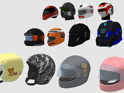 Collection Of Different Helmets Featuring Racing Cartoon Camo And Pink Styles 3d model