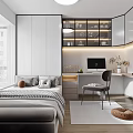 Modern Tatami Bedroom Interior With Bed Desk Teal Chair And Wooden Shelves