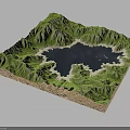 3D Terrain Model Featuring Green Mountain Ranges Central Blue Lake And Layered Strata