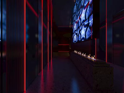 Elevator Hallway With Red Lighting Blue Decorative Wall And Stone Platform Flame Decorations 3d model