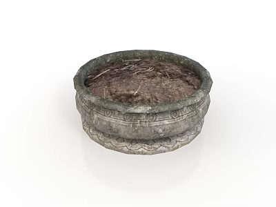 Round Traditional Stone Flower Pot With Carved Patterns And Soil Inside 3d model