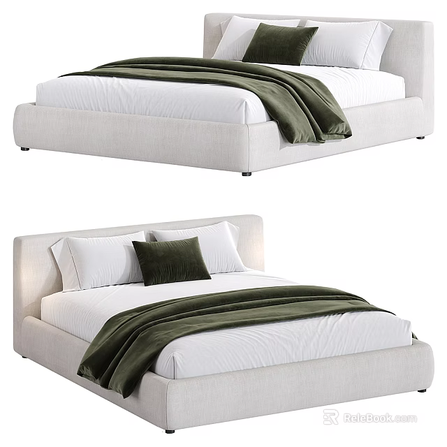 Modern Minimalist Double Bed With Linen Upholstery Simple Headboard White Sheets And Green Throw 3d model 