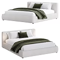 Modern Minimalist Double Bed With Linen Upholstery Simple Headboard White Sheets And Green Throw
