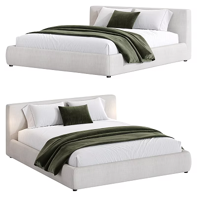 Modern Minimalist Double Bed With Linen Upholstery Simple Headboard White Sheets And Green Throw 3d model