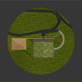 Miniature Circular Grassy Landscape Model Featuring Green Roof Building Small Shed Pathways And Utility Poles
