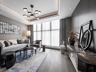 Modern Hotel Public Lounge With Gray Sofa Coffee Table Large Windows Wall Art And Chandelier 3d model