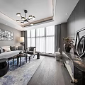 Modern Hotel Public Lounge With Gray Sofa Coffee Table Large Windows Wall Art And Chandelier