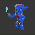Shiny Blue Metallic Robot Holding Glowing Light Bulb On Dark Reflective Surface