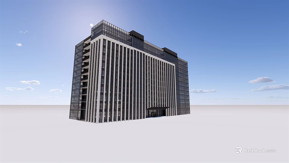 Modern Tall Office Building Exterior With Glass Curtain Wall And Vertical Stripes 3d model 