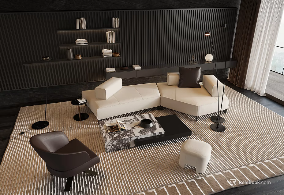 Modern Beige Sofa Coffee Table Set With Marble Top Area Rug And Floor Lamp 3d model 