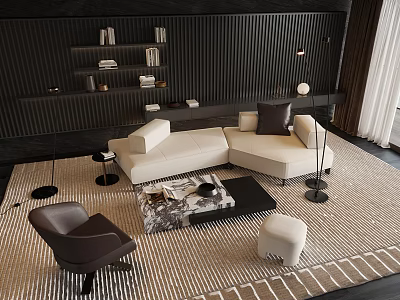 Modern Beige Sofa Coffee Table Set With Marble Top Area Rug And Floor Lamp 3d model