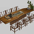 Natural Wooden Tea Table And Chairs With Tea Set And Potted Plant