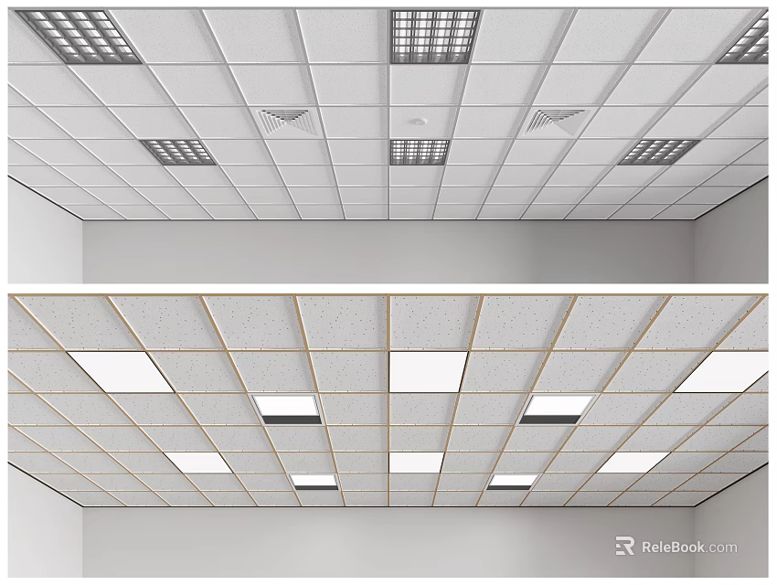 Modern Ceiling Design with Grid Lights Vents White Square Lights and Gold Lines 3d model 