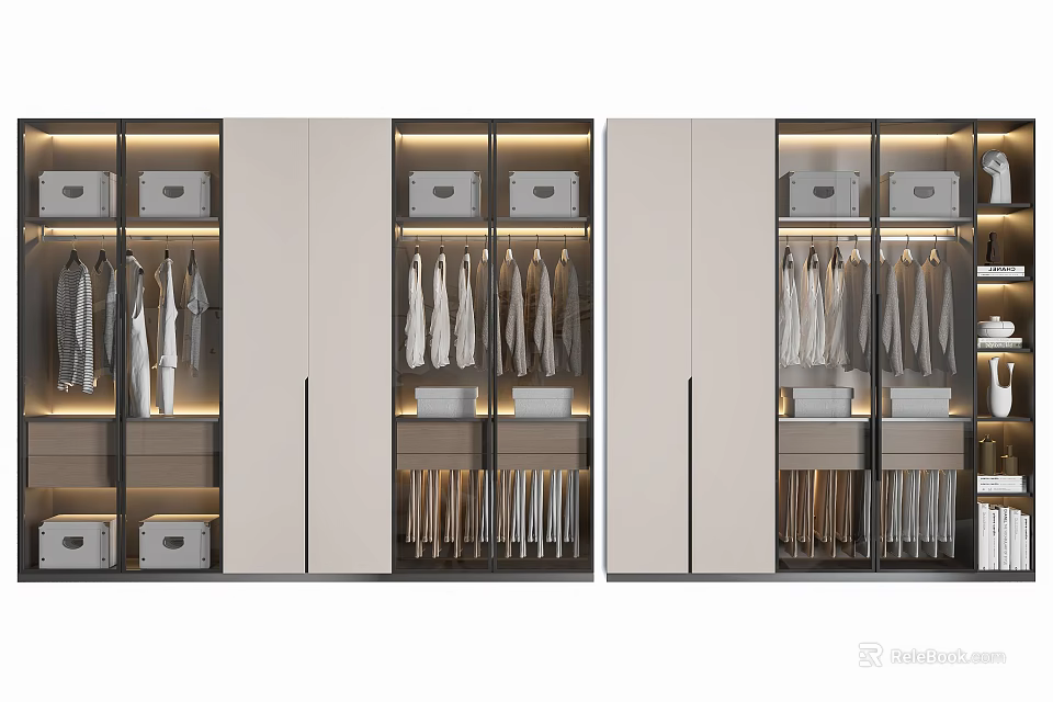 Modern Wardrobe Design With Open Compartments Hanging Clothes And Storage Boxes 3d model