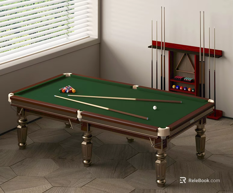 Stylish Billiard Room Interior With Green Felt Table Pool Cues Cues Rack And Colorful Balls 3d model 