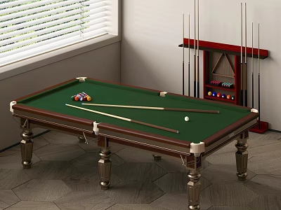 Stylish Billiard Room Interior With Green Felt Table Pool Cues Cues Rack And Colorful Balls 3d model